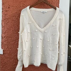 Madewell Sweater Women’s XS Ivory Pom Poms Long Sleeve V Neck Stretch Winter